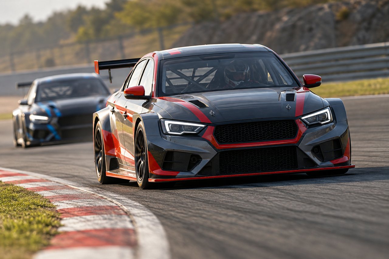 Carros de turismo disputam uma curva em um circuito.