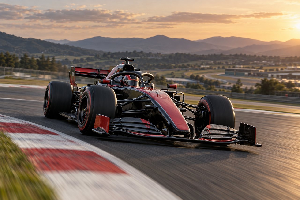 Monoposto preto e vermelho em um circuito ao pôr do sol.