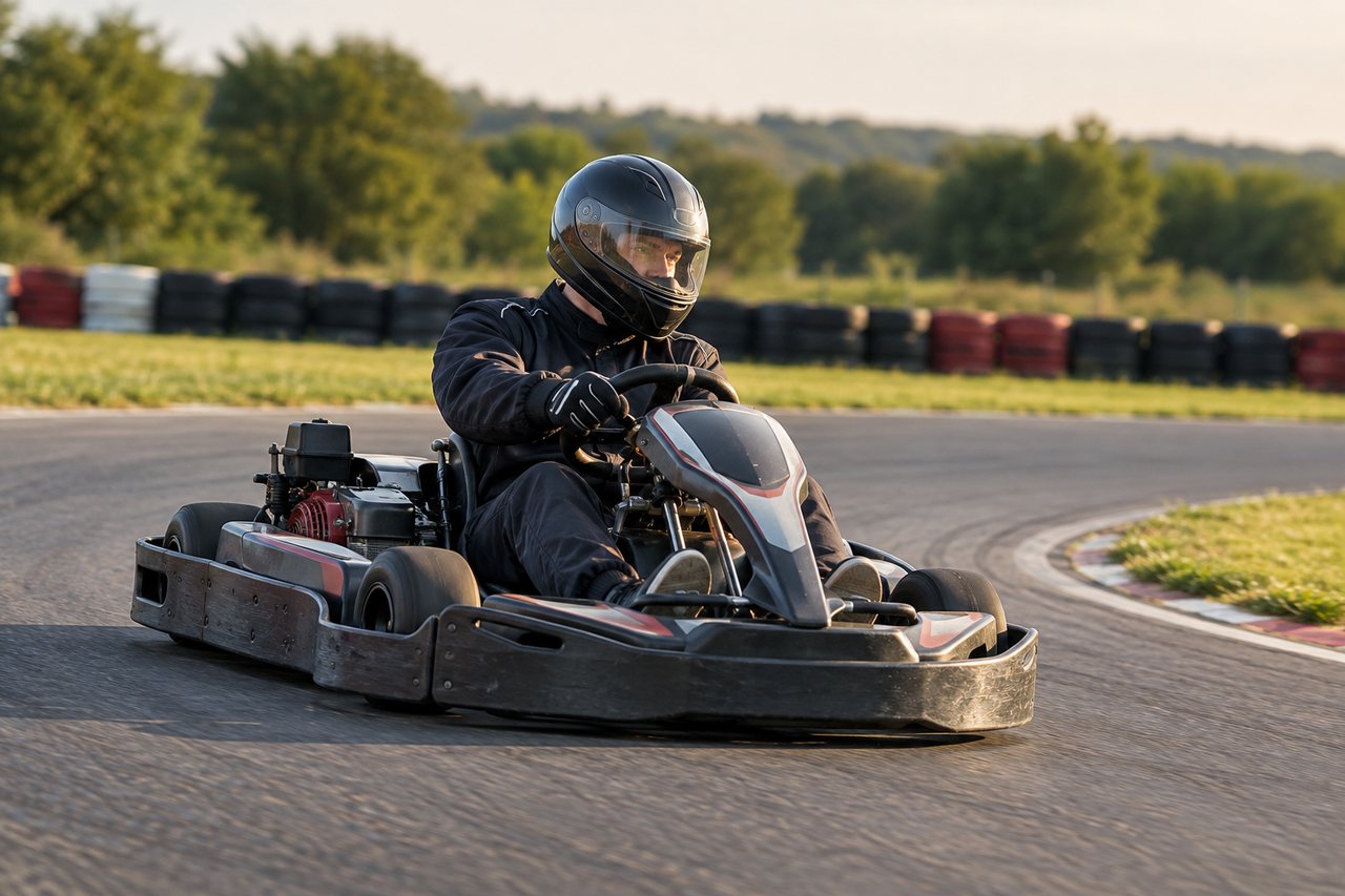 Piloto de kart com capacete em um circuito.