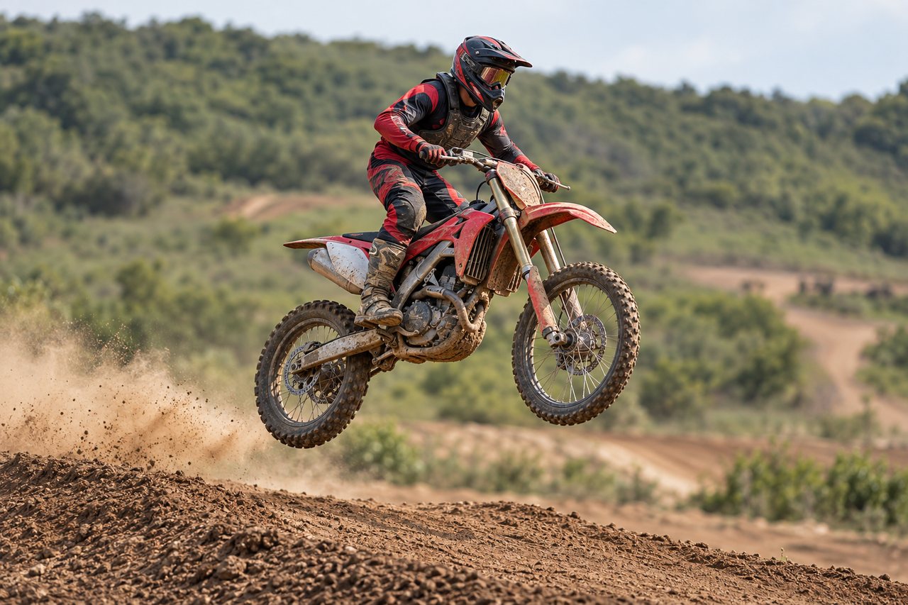 Piloto com capacete e proteção conduz uma moto de motocross em pista de terra.