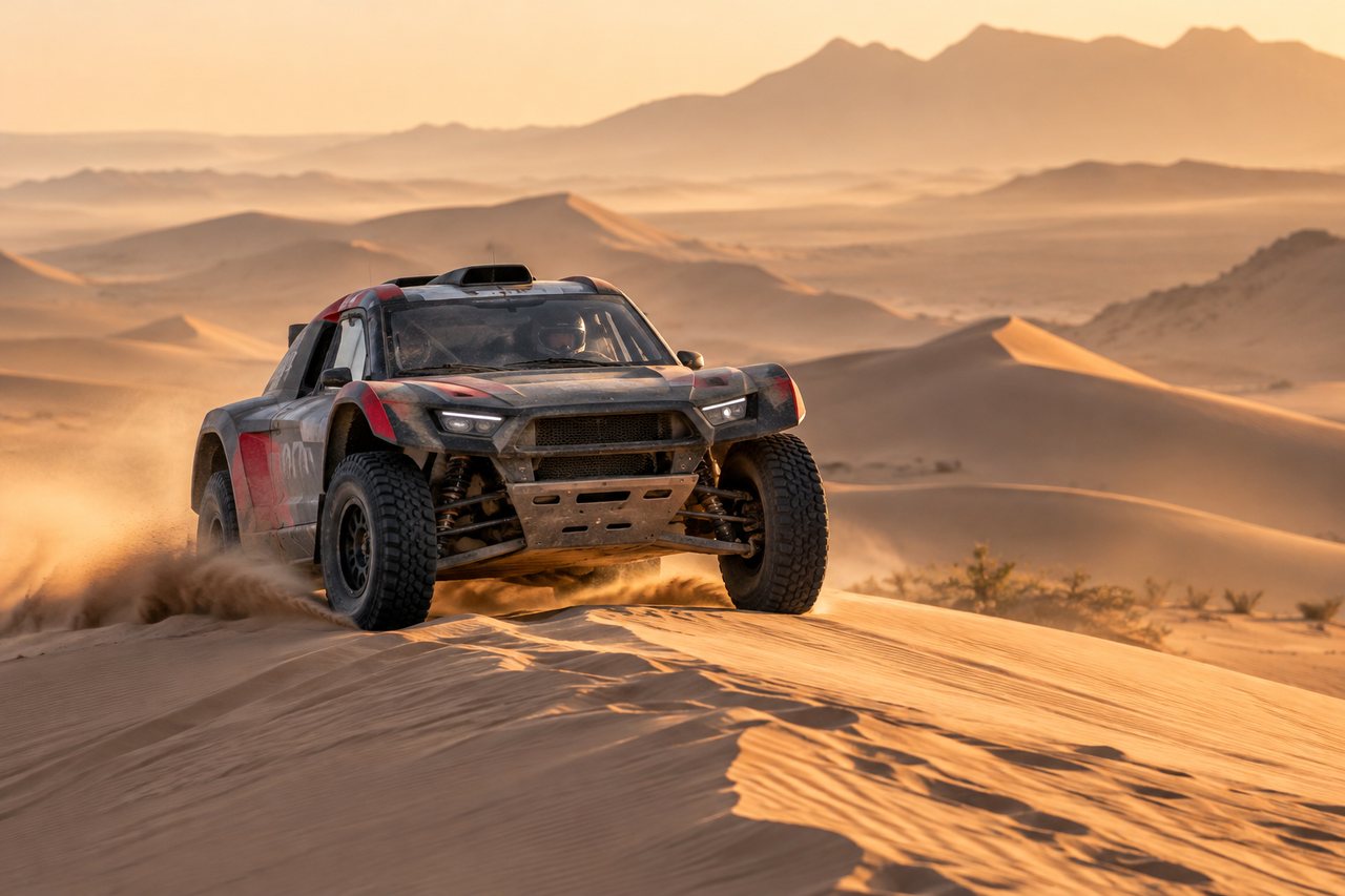Veículo de rally-raid atravessa dunas de areia.