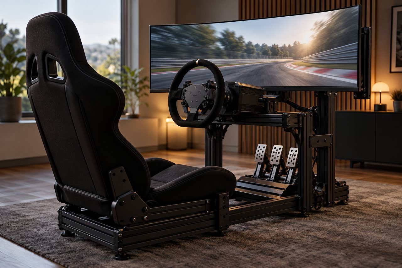 Cockpit de simulador com volante, pedais e monitor.